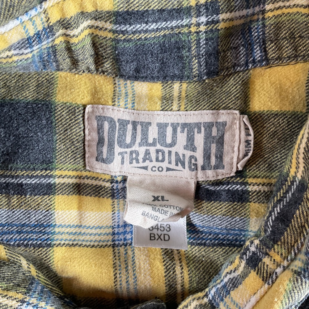Duluth Trading Co. Mens XL Flannel Shirt Yellow Blue Plaid Button Up Long Sleeve - Picture 3 of 5